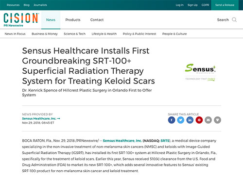 Screenshot of article: Sensus Healthcare Installs First Groundbreaking SRT-100+ Superficial Radiation Therapy System for Treating Keloid Scars in Orlando