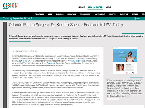 Screenshot of article: Keloid Removal Expert Dr. Kenrick Spence Featured in USA Today